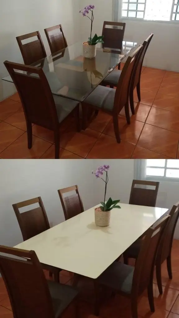 Mesa de jantar de vidro com película aplicada